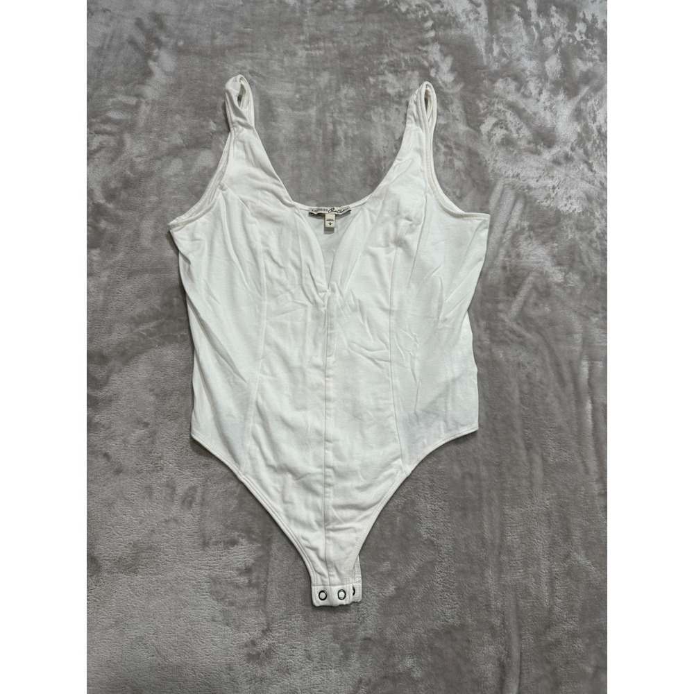 Express Thong Bodysuit V Neck Womens Size Large White Sleeveless Snap EUC